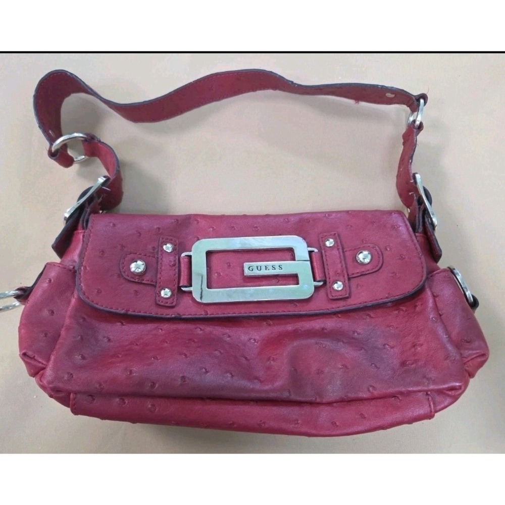 Guess Red Ostrich Embossed Faux Leather Shoulder Bag G Logo Y2K Baguette